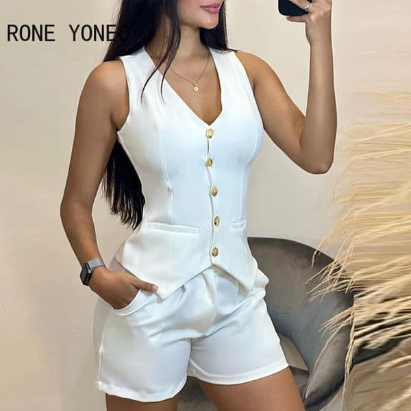 Womens Button V-neck Tank Top and Shorts Set Jacket Womens Set 250402