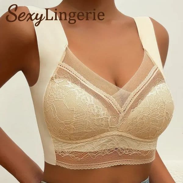 2026 New Womens Lace Bra Perspective Bralette Push Up Ice Silk Deep V Sexy Lingerie Top Plus Size Cup Mom L5xl 250328 Designer