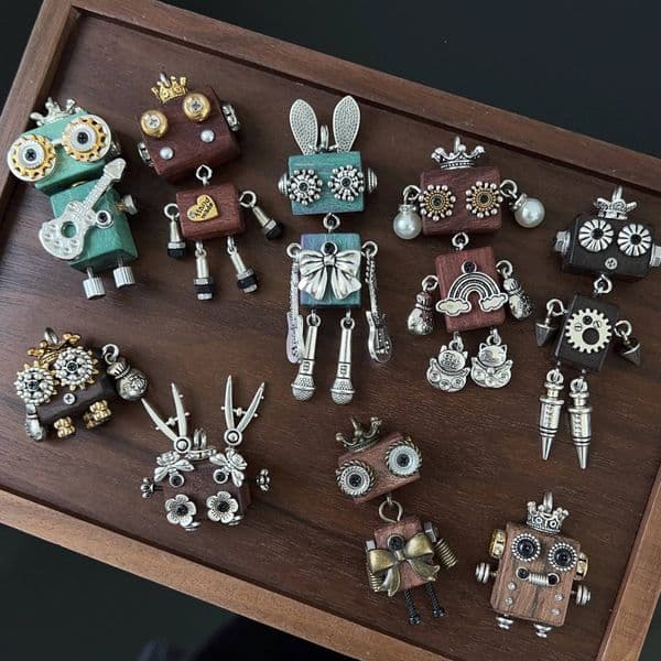 Pure Handmade DIY Punk Style Wooden Fashion Mechanical Cute Little Robot Car Pendant Jewelry Children's Gift