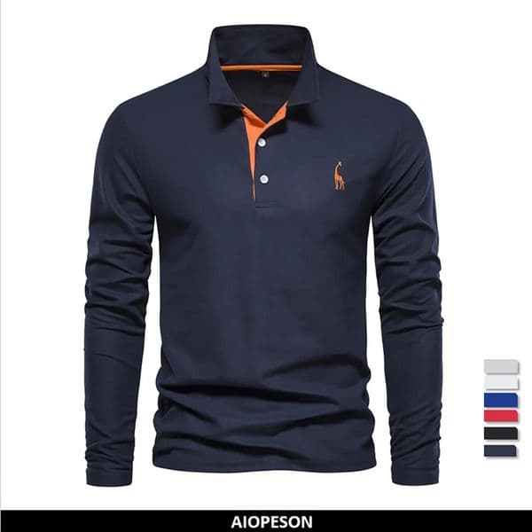 AIOPESON Mens Deer Embroidery Polo Shirts Solid Color Long Sleeve Social Business Male 251106