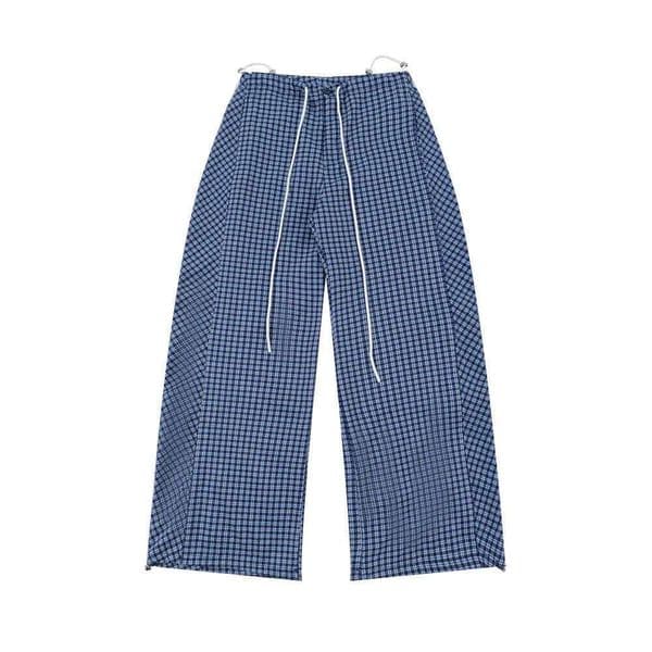 Plaid Spliced Casual Pants Mens High Street Drawstring Elastic Waist Loose Wide Leg Trousers Men