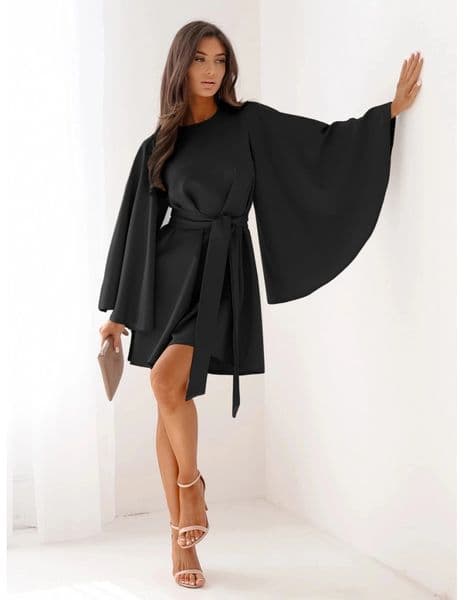 Womens Mini Dress Empire Waist Dresses Elegant Flare Cuff Sleeve Daily Fall Regular Fit Pure Color Long Crew Neck 251107