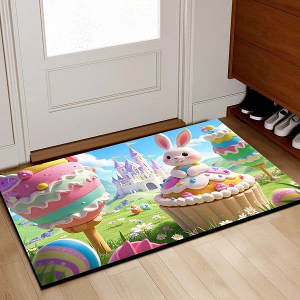 Easter Bunny HOP ON IN Door Mat Stain Resistant Rug Kitchen Dining Hallway Bathroom Bedroom Home Decor Seasonal Indoor Carpet 250407BJ