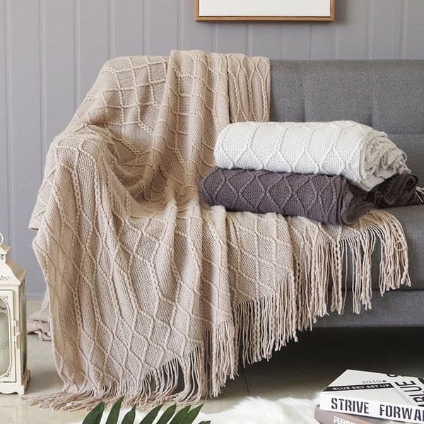 Nordic Knitted Throw Blanket with Tassels Khaki Cream Grey Vintage y Bed Sofa Couch Oversized Bedspread Cover 251106