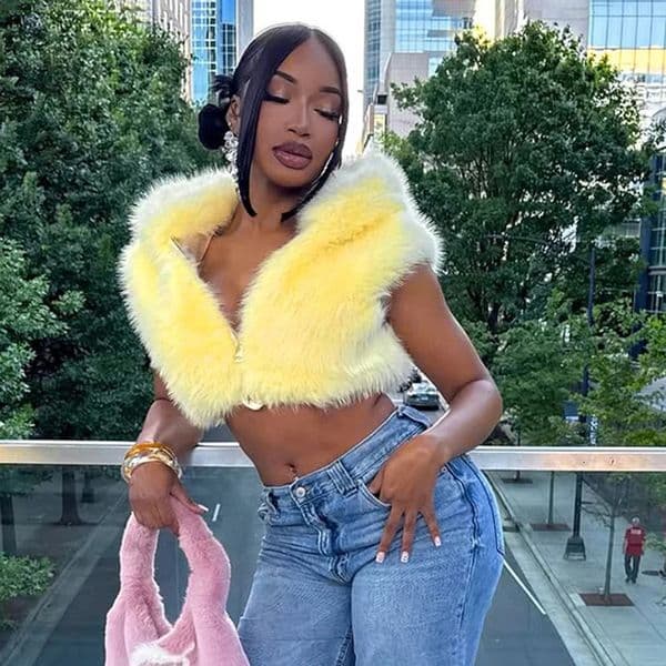CUTENOVA Fall Winter Solid Color Fur WomenS Vest Coat Zipper Hood Sleeveless Crop Top Straight Shoulders Short Length 251106