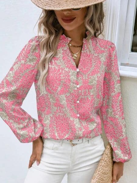 Womens long sleeved Vneck embossed pleated lantern sleeves fully printed buttons for summer and autumn 250407BJ