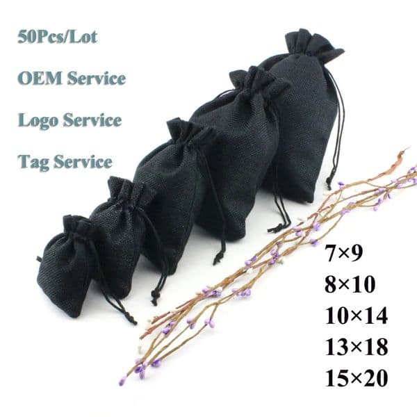 50PcsLot Jute Bag In 7x98x1010x1413x18 Natural Burlap Bag Gift Pouch For Earring Bracelet Jewlery Packing Bag Can Print 251103