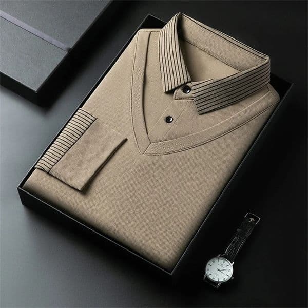 2025 Mens Casual and Fashionable Long Sleeved Solid Color Two-piece Polo Shirt Business All Season Versatile Top a251106