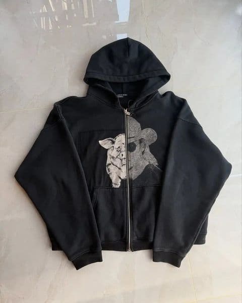 Retro Pattern Printed Zipper Hoodie Y2K Harajuku Punk Gothic Loose Sports Street Clothing Couple Top 250403BJ