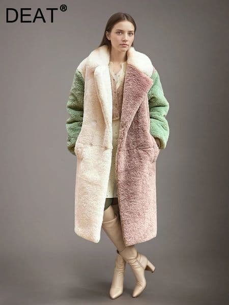 DEAT Fashion Contrast Color Faux Fur Coat Womens Lapel Loose Long Sleeves Plush Thick Overcoat Winter 251030