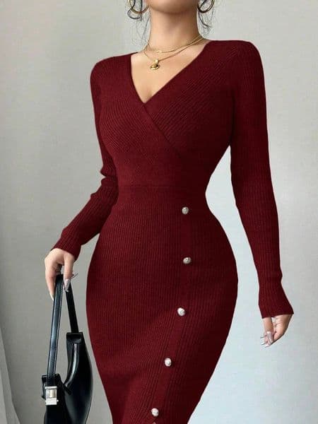 Spring Autumn Sexy Deep VNeck Knit Dress for Women Button Long Sleeve Sweater Woman Sid Slit Budycon Dresses Ladies Clothing 251107