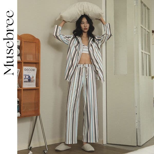 Musebree Womens Elegant Striped 3-Piece Pajama Set Womens Long Sleeve Pajama Spring Pajama Womens Casual Clothing Set with Bra 250402