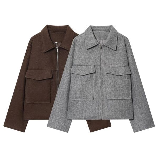 autumn womens clothing retro fashion loose casual simple lapel long sleeved large pocket zipper woolen coat 251107