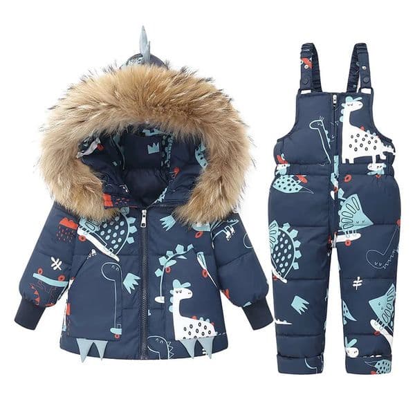 Cartoon Dinosaur Winter Children Clothes Set Real Fur Down Jacket For Girls Baby Boy Jumpsuit Kids Overalls Boys Outerwear Coat 251107