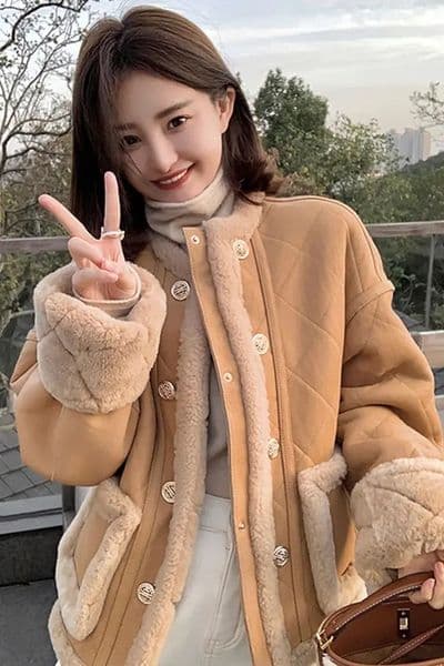 Winter Selling Jacket for Women Short Tweed Style Lamb Wool Splice Faux Shearling Coat Trendy Autumn Winter Outerwear 251106