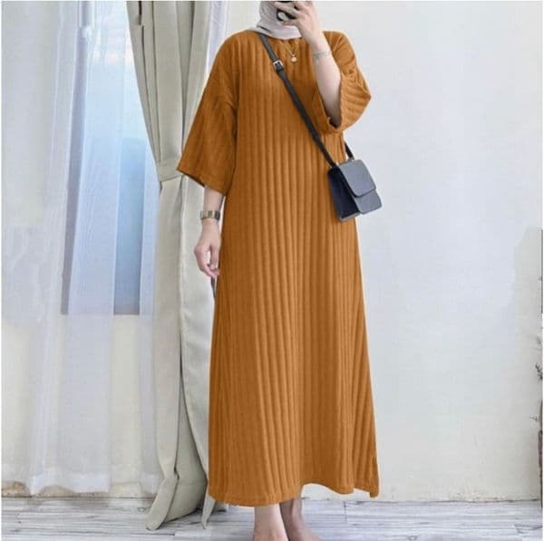 (1250) New Everyday Solid Color Three-quarter Sleeve Elegant and Simple Striped Dress