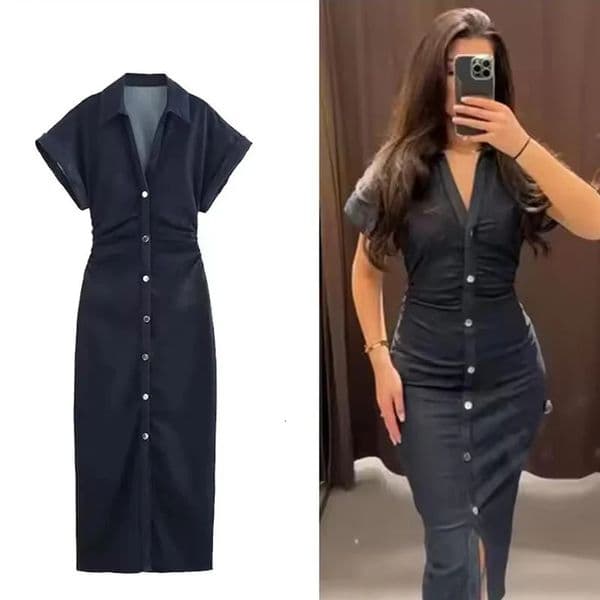 Denim Dress Womens Spring Summer Casual Long Dresses For Women Fashion Ruched Short Sleeve Streetwear Midi 251107