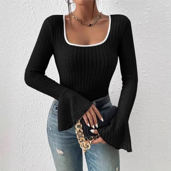 9937 Solid Color Velvet Ribbed Womens Long Sleeve Flared Sleeve Base Shirt Slim Fit Elegant