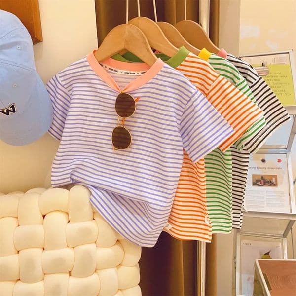 Childrens Short-Sleeved Boys Girls Summer Striped T-Shirt Baby Thin Section Half-Sleeved Bottoming Shirt Casual Wear 250407