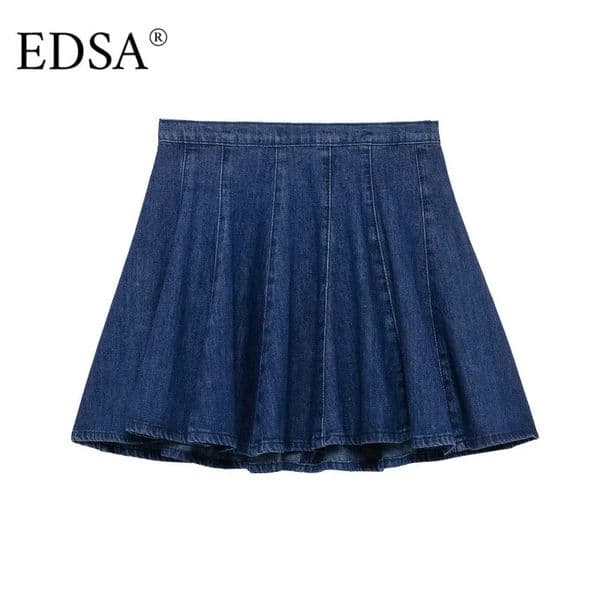 EDSA Women Blue Denim Mini Skirt Mid-waist Metal Back Zip A-line Female Y2K Solid Color High Street Short Skirt 250407