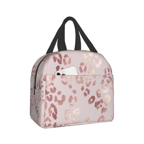 Leopard Print Lunch Bag Elegant Handbag Rose Gold Insulated 250407