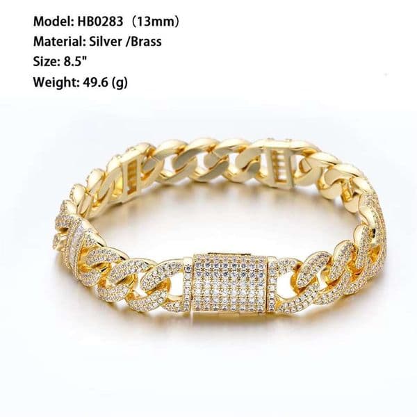 Hip Hop High Quality Pure Gold Plated Silver Iced Out Round Zircon Stone Baguette Prong Setting Cuban Link Chain Bracelet