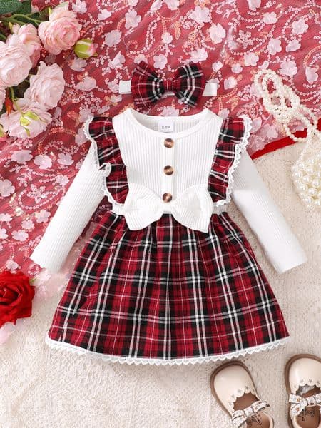 Baby girls fashionable plaid patchwork groove lace n bow dress and headband 251107