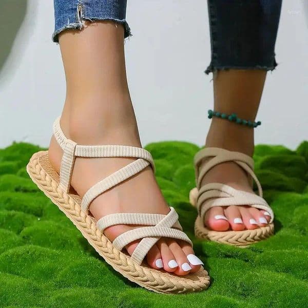 Sandals Fashion 2025 Cross Round Toe Female Sandal Strappy Heels Large Size Luxury Girls Flat Big Gladiator Outside Elasti