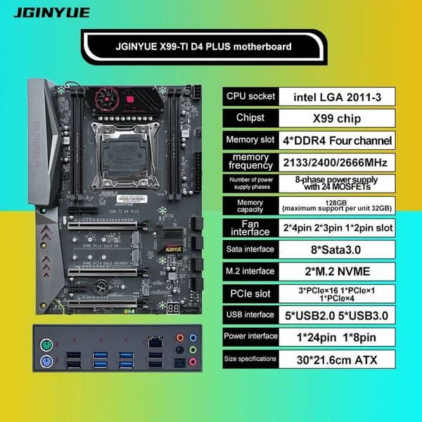 JGINYUE ATX X99 D4 PLUS mainboard Intel LGA 2011-3 E5 V3 V4 CPU DDR4 2133 2400 2666MHz 128GB M2 NVME SATA USB30 server