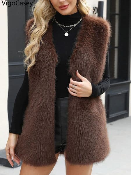 VigoCasey Autumn Winter Casual Thick Faux Fur Vest Coat Woman Sleeveless Plush Warm Waistcoat Lady Brown Fluffy Jacket 251106