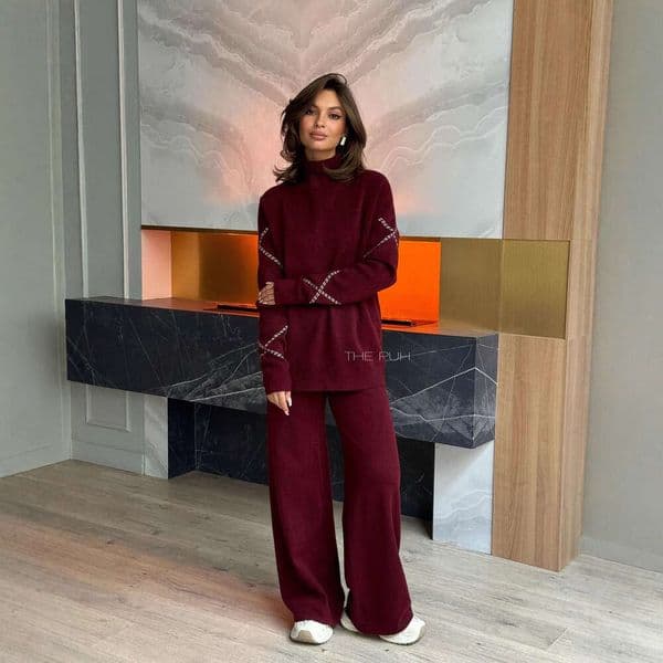 Melard Color Series Sweater Two-Piece Set For Women Neck Sleeve X Jacquard Top Coat High Waist Loose Long Pants B5
