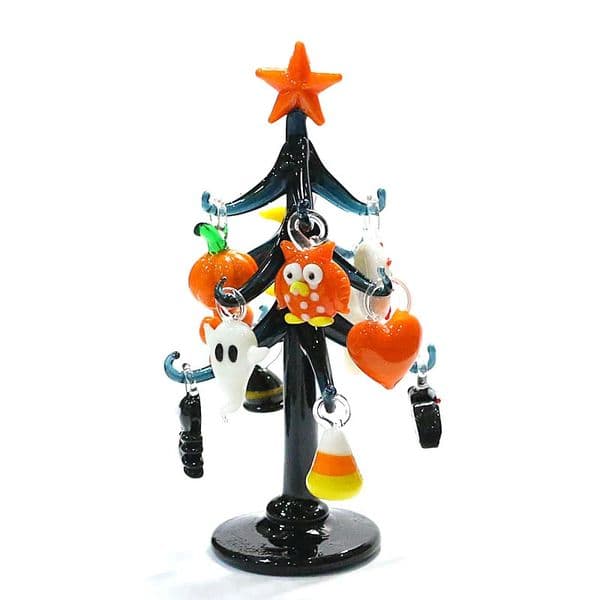 Halloween Decor Cute Glass Tree Figurine Ornaments with Mini Owl Spider Bat Pumpkin Cross Ghost Heart Moon Hat Pendant 251020