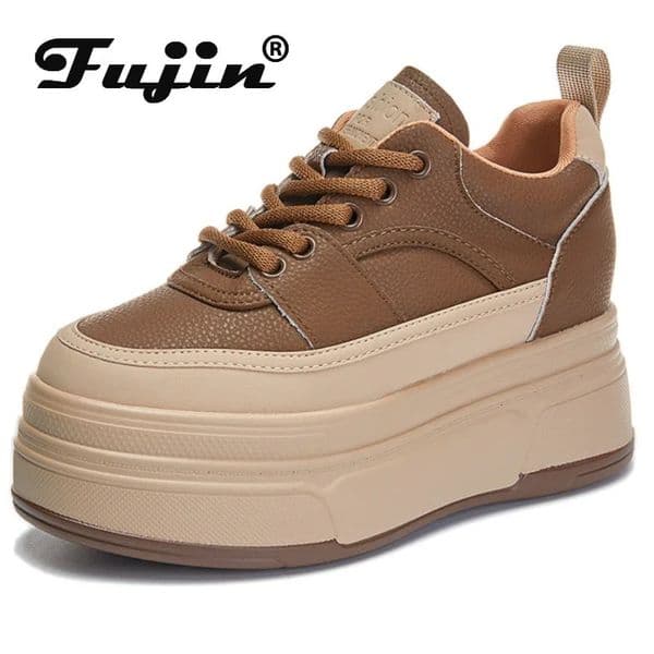 Fujin 9cm Cow Genuine Leather Women Casual White Platform Wedge Skateboard Hidden Heel Shoes Vulcanize Chunky Sneakers 250402