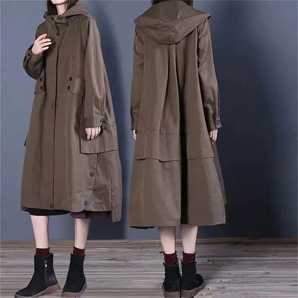 Vintage 2024 Spring Autumn Solid Hooded Loose Slim Cotton Windbreaker Trendy British Style Coat Women Long Outcoat Female 251030