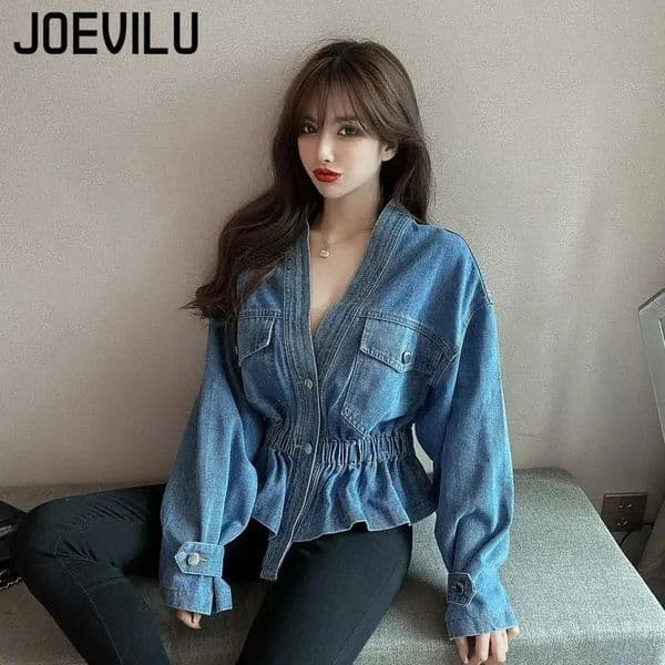 Jeans jacket Vneck pleated waist slim fit for womens autumn Korean fashion personalized irregular shirt loose casual denim top 250407