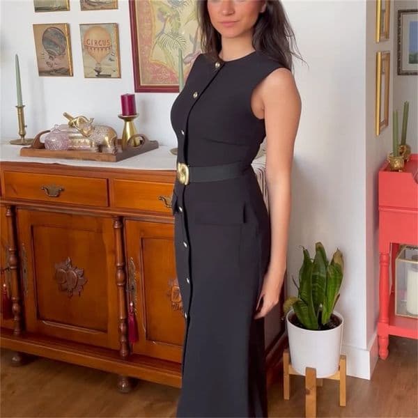 2025 womens clothing European and American style casual elegant n with belt crepe fabric MIDI dress 250408
