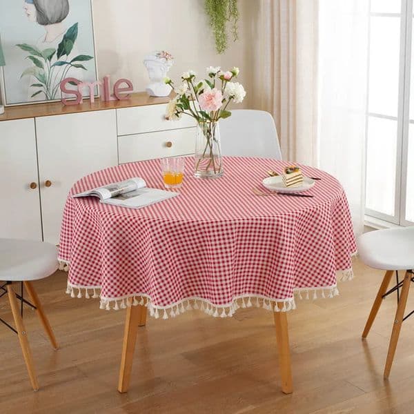 TABLECLOTH AROUND-Cotton Linen Tassel Tablecloth Plaid Round Tablecloth Red Striped Lattice Table Map Wedding Cloth Cover 251105