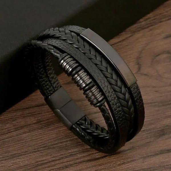 Punk Men Leather Bracelet with Stainless Steel Magnetic Clasp Braided Mutilayer Leather Wrapping Bangles Man Jewelry Gift 251105
