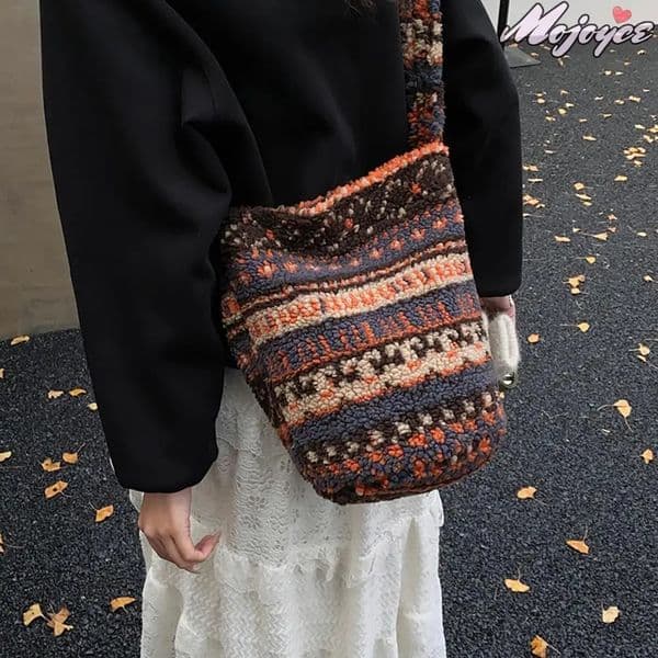 Women Autumn Winter Shoulder Bag Retro Soft Plush Bucket Bag Warm Lambswool Crossbody Bags Vintage Leopard Print Tote Handbag 251107