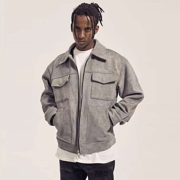 Multi-Pocket Suede Jacket Mens Autumn Winter Retro Solid Color Lapel Loose Casual Long Sleeve Zipper Outerwear Men