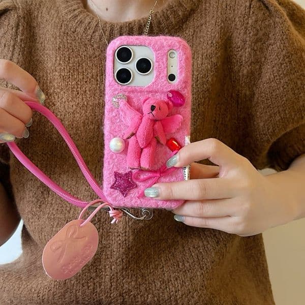 Rhinestone Plush Bear Cartoon Phone Case Compatible with iPhone 17/16 Pro Solid Color Lanyard Case iPhone 15 Niche 14
