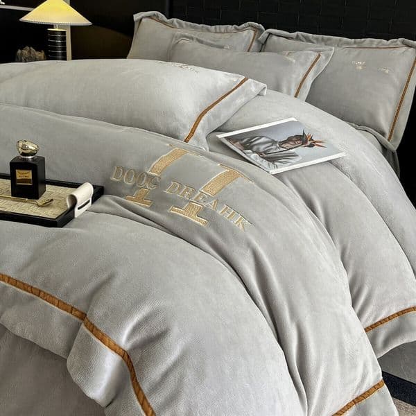 Milk Fleece Four Piece Set - 2025 New Winter Thick Fleece Embroidered Coverlet with Coral Fleece Sheets for Warmth