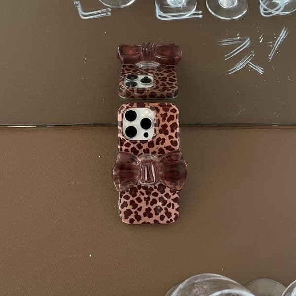 Full Edge Leopard Print Bow Stand Phone Case Compatible with iPhone 17/16 Pro Max Personalized iPhone 15/14