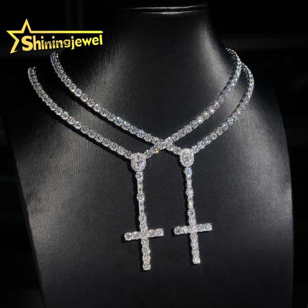 New Arrival 925 Silver Cross Moissanite Pendant Necklace Custom Hip Hop GRA Certificated Moissanite Tennis Chain for Men