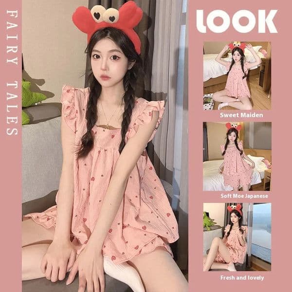 womens pajamas womens pajamas summer sleeveless home clothes thin and sweet Japanese loose ruffles can be worn outside pajamas 250402