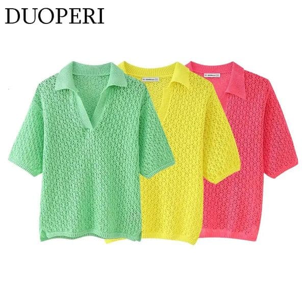 DUOPERI Women Fashion Jacquard Solid Knitted Mesh Out Pullover Polo Shirt Short Sleeve Female Chic Lady Casual Tops 250408