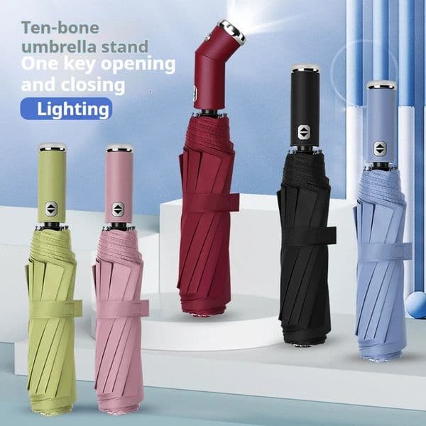 10 bone fully automatic three fold umbrella rotatable LED flashlight commercial windproof folding sunshine 250408