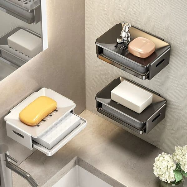 No-Drill Household Holder Space Aluminum Storage Rack Soap Draining Box Wall-Mounted Bathroom