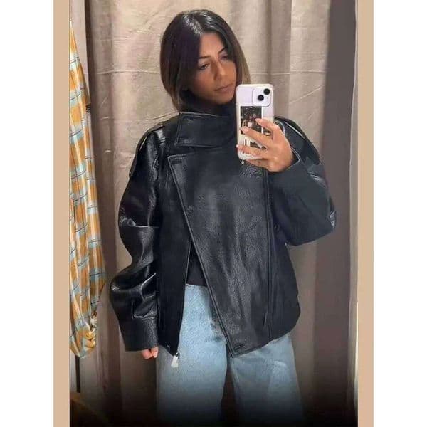 Black Faux Leather Jackets Outerwears Office Women's Bomber Snap Button Demi-Season Jacket For Women Coat