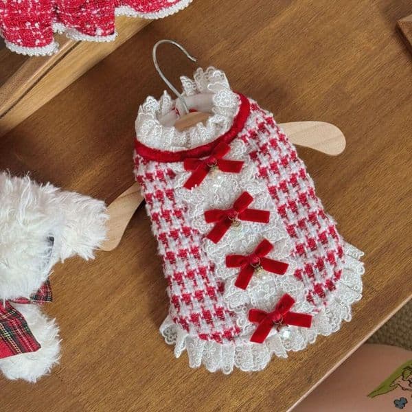 Vintage Plaid Lace Dog Dress, Elegant Red Bow & Pearl Decor, Warm Tweed Pet Apparel, Princess Style Puppy Outfit, Cute Small Dog Clothes for Holiday & Daily Wear XS-XL A761